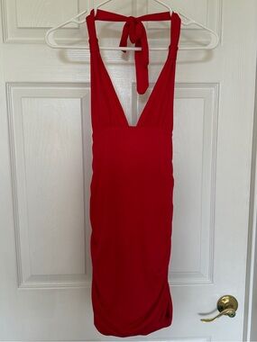 SHEIN Red Backless Halter V-Neck Bodycon Dress